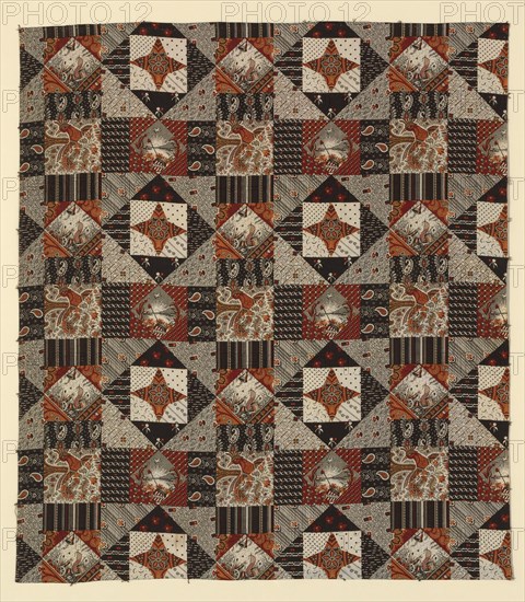 Centennial Print (Furnishing Fabric), New Hampshire, c. 1875. Floral patchwork effect design produced to celebrate the 100th anniversary of the signing of the US Declaration of Independence, with patriotic motifs: Liberty Bell and Cap, American flag, cannon, drum etc. Manufactured by Cocheco Cotton Manufacturing Company.