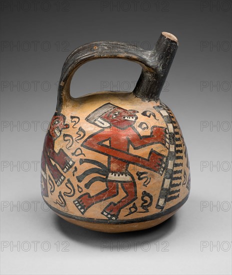 Single Spout and Bridge Vessel Depicting Dancing Figures, A.D. 700/1000.