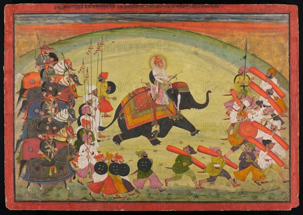 Maharao Guman Singh Riding an Elephant in Procession, dated 1770 (samvat 1827). Creator: Unknown.