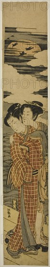 Couple Standing on a Pier Embracing on a Moonlit Night, c. 1774. Creator: Isoda Koryusai.