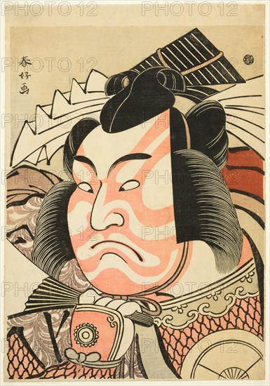 Large Head Portrait (Okubi-e) of the Actor Iwai Hanshiro IV as Akita Jonosuke Yoshikage in a "Shibaraku" Role, from the play Mieiko Nori no Hachi no Ki (Memorial Service for St. Nichiren: A Model of "The Potted Trees"), Performed at the Kawarazaki Theater in the Eleventh Month, 1791, c. 1791. Attributed to Katsukawa Shun'ei.