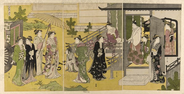 Fuji no uraba, from the series "A Fashionable Parody of the Tale of Genji (Furyu yatsushi Genji)", c. 1789/94. Yugiri, son of the Shining Prince, has won the love of Kumoinokari, daughter of To-no-Chuju, at a wisteria party.