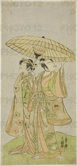 The Actors Ichikawa Komazo II as Chunagon Yukihira (right), and Iwai Hanshiro IV as Murasame (left), in the Play Kuni no Hana Ono no Itsumoji, Performed at the Nakamura Theater in the Eleventh Month, 1771, c. 1771.