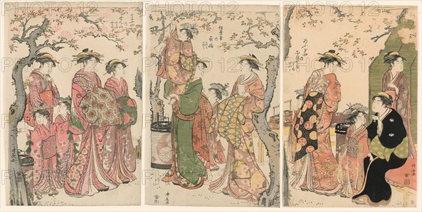 Courtesans and Their Child Attendants under Blossoming Cherry Trees, 1785. Left-hand panel: the courtesans Senzan, Yasono, and Yasoji of the Chojiya.