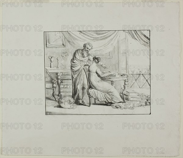 Denon Instructing a Young Woman Drawing on a Lithographic Stone, c. 1820. Creator: Vivant Denon.