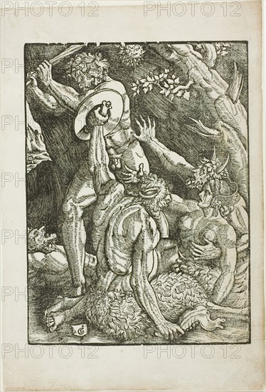 Hercules, Two Satyrs, and a Woman, plate two from The Labors of Hercules, c. 1528. Creator: Gabriel Salmon.