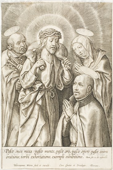 Ignatius of Loyola kneeling before Christ, the Virgin and St Peter, n.d. Creator: Jan Wierix.