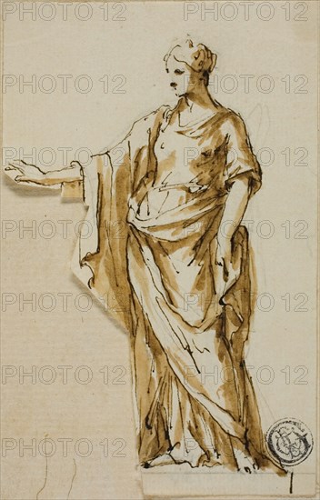 Standing Female Figure with Right Arm Raised, n.d. Creators: John Michael Rysbrack, Sir James Thornhill.