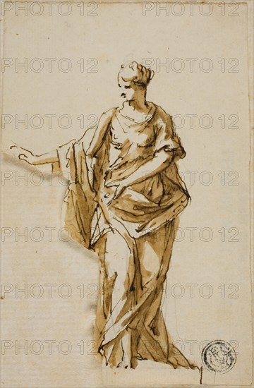 Standing Female Figure with Right Arm Raised, n.d. Creators: John Michael Rysbrack, Sir James Thornhill.