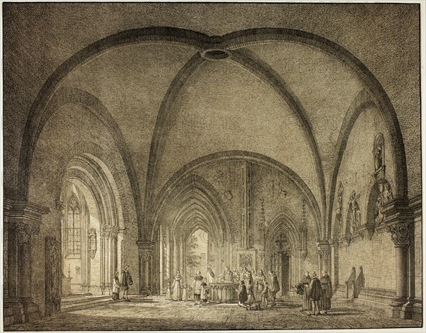 Baptismal Hall and Cloisters in the Cathedral at Mainz, from Collection of Memorable..., 1823. Creator: Domenico Quaglio II.