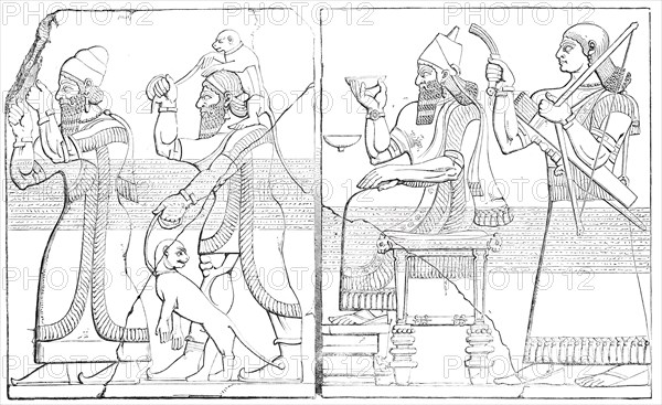 Nimroud Sculptures at the British Museum - Tribute Bearers; Assyrian King and Sword-Bearer, 1850. Creator: Unknown.