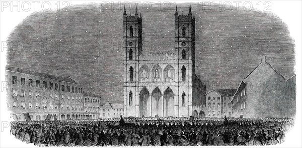 Torch-Light Procession in the Place d'Armes, at Montreal, 1850. Creator: Unknown.