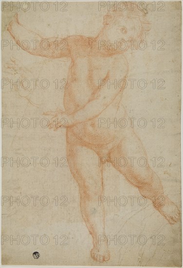 Putto Poised on Right Leg (recto); Sketch of a Draped Arm (verso), 1575/1600. Creator: Domenico Cresti.