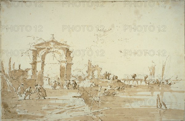 Gateway Near a Landing Bridge, 1780/85. Creator: Francesco Guardi.