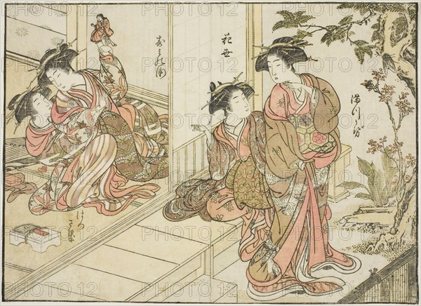 Courtesans of Maruebiya, from the book "Mirror of Beautiful Women of the Pleasure Quarters..., 1776. Creator: Shunsho.