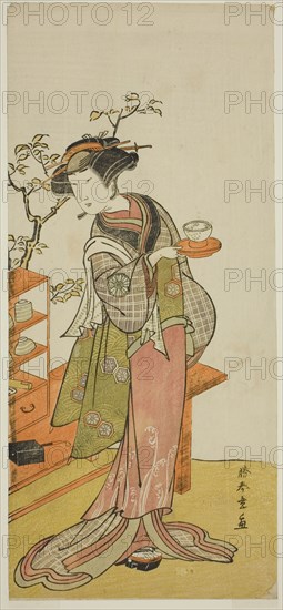 The Actor Nakamura Tomijuro I as the Waitress Otake in the Play Chigo Suzuri Aoyagi..., c. 1777. Creator: Shunsho.