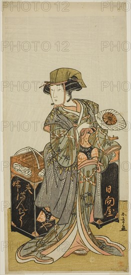 The Actor Nakamura Tomijuro I as the Female Beancake Peddler Hyugaya in the Play..., c. 1777. Creator: Shunsho.