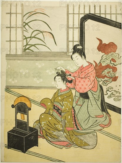 Autumn Moon in the Mirror (Kyodai no shugetsu), from the series "Eight Views of the...", c. 1766. Creator: Suzuki Harunobu.