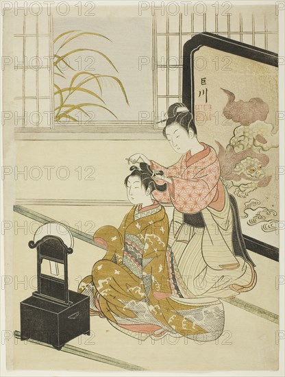 The Autumn Moon in the Mirror (Kyodai no shugetsu), from the series "Eight Views...c. 1766. Creator: Suzuki Harunobu.