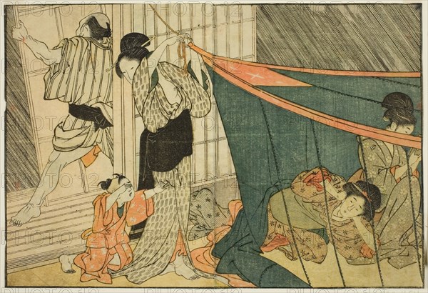 Women Inside a Mosquito Net During a Thunderstorm, from the illustrated book "Picture Book..., 1801. Creator: Kitagawa Utamaro.