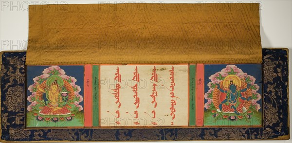 Title Page and Front Cover of a Buddhist Manuscript with Manjusri (left) and..., 17th/18th century. Creator: Unknown.