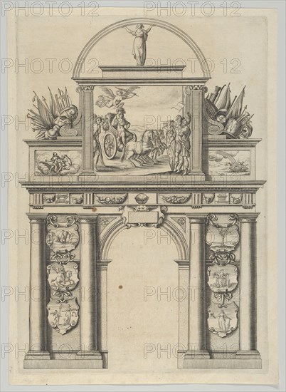 Triumphal arch, from 'Éloges et discours sur la triomphante réception du Roy en sa ville d..., 1629. Creator: Melchior Tavernier.