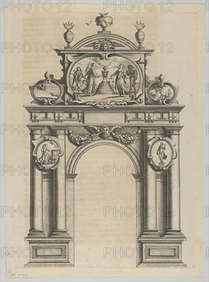 Triumphal arch, from 'Éloges et discours sur la triomphante réception du Roy en sa ville d..., 1629. Creator: Melchior Tavernier.