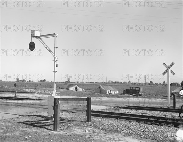 Migrants' tents..., along the right of way of the Southern Pacific, Near Fresno, California, 1939. Creator: Dorothea Lange.