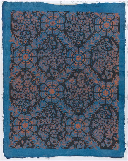 Sheet with overall floral pattern on blue background, late 18th-mid-19th century.