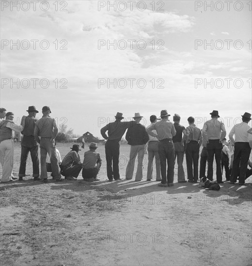 Watching ball game. Shafter camp for migrants. California.