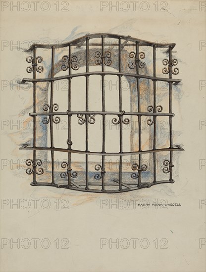 Iron Grille at Window: Restoration Drawing, c. 1936. Creator: Harry Mann Waddell.