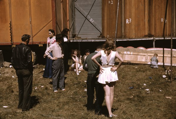 Backstage at the "girlie" show at the Vermont state fair, Rutland, 1941. Creator: Jack Delano.