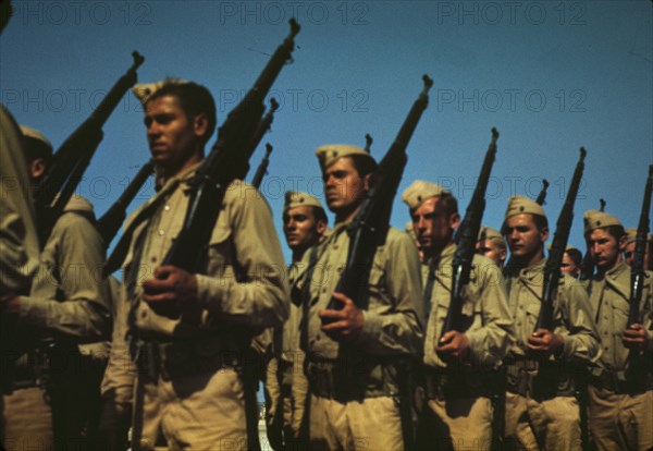 Marines finishing training at Parris Island, S.C., 1942. Creator: Alfred T Palmer.