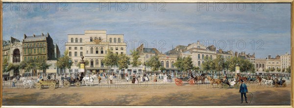 General view of theatres on Boulevard du Temple in 1862.