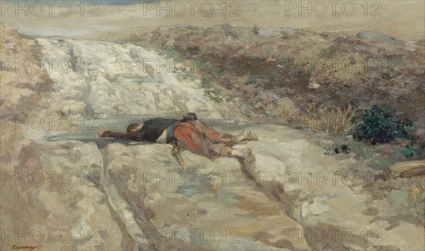 Scene from the 1870 war: dead soldier on a battlefield, c1870.