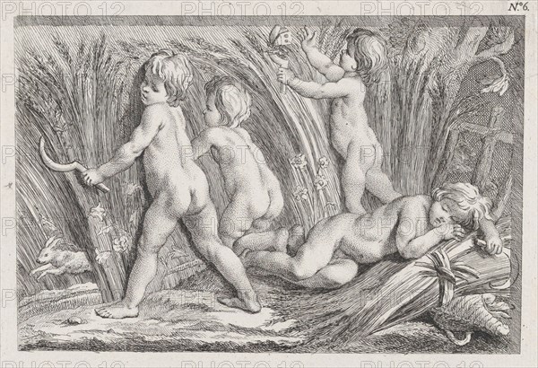 Nude children shearing wheat; an allegory of Summer; after a bas-relief on the Fontaine des Quatre-Saisons (Paris), after 1745.