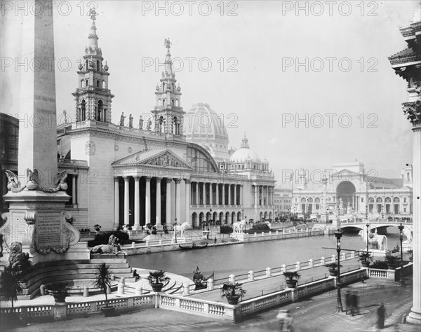 Palace of Mechanic Arts and lagoon at the World's Columbian Exposition, Chicago, Illinois, 1892. Creator: Frances Benjamin Johnston.