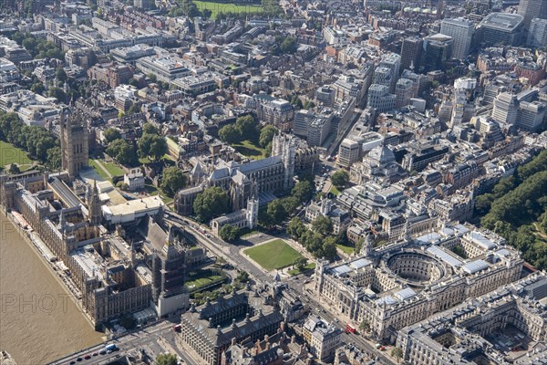 The Houses of Parliament, Westminster Abbey and HM Treasury, Westminster, London, 2021. Creator: Damian Grady.