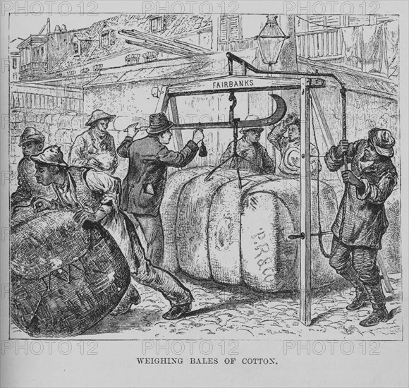 Weighing bales of cotton, 1882. Creator: Unknown.