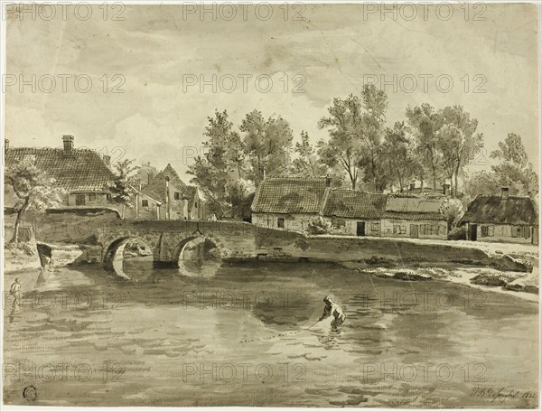 Man Fishing in River Near Village, 1832. Creator: Jan Baptiste de Jonghe.