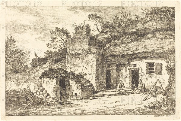 A Cottage with Two Men Seated at the Doorway, c. 1770. Creator: Nicolas Perignon.