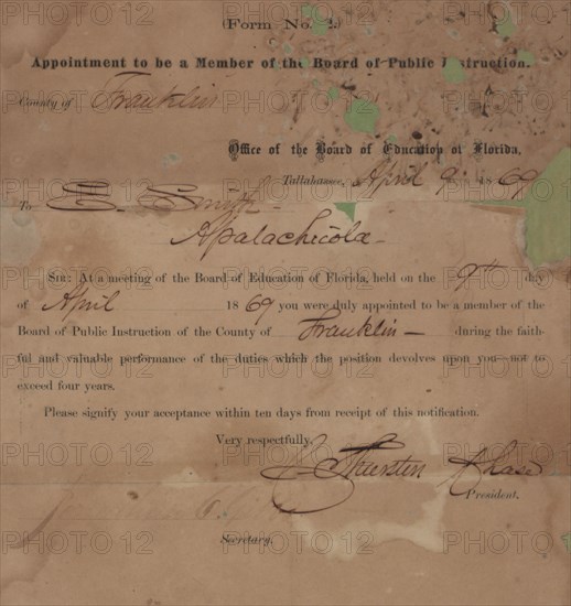 Appointment to be a Member of the Board of Public Instruction, 1869. Creator: Unknown.