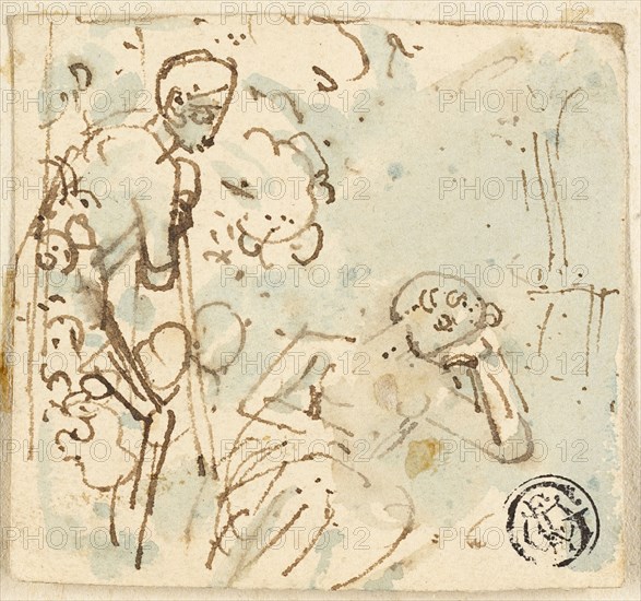 Sketch of Man Leaning on Staff, Looking at Sleeping Woman, n.d. Creator: Thomas Stothard.