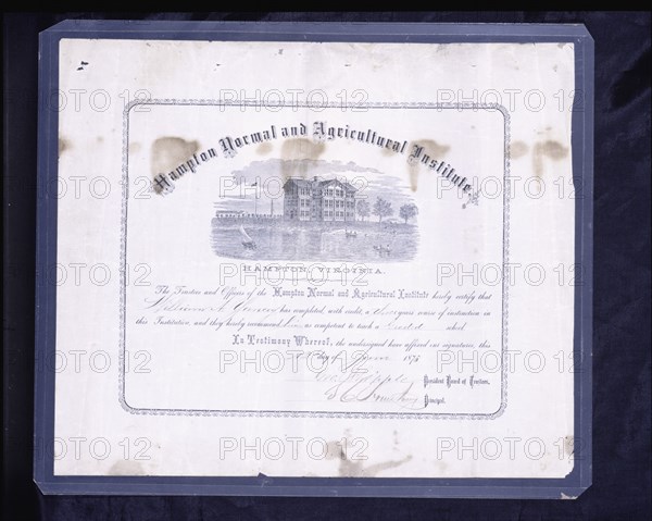 Diploma awarded to William A.Yancey by Hampton Normal and Agricultural Institute, June 12, 1873. Creators: Unknown, Samuel Smith Kilburn.