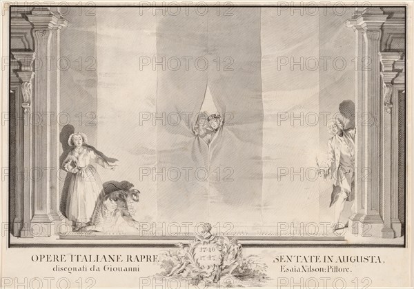 Two Actors Peeking through a Theater Curtain while Others Prepare the Footlights. Creator: Johann Esaias Nilson.