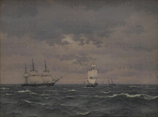 A Frigate Reefing Sails in a Freshening Wind and some other Ships, 1836. Creator: CW Eckersberg.