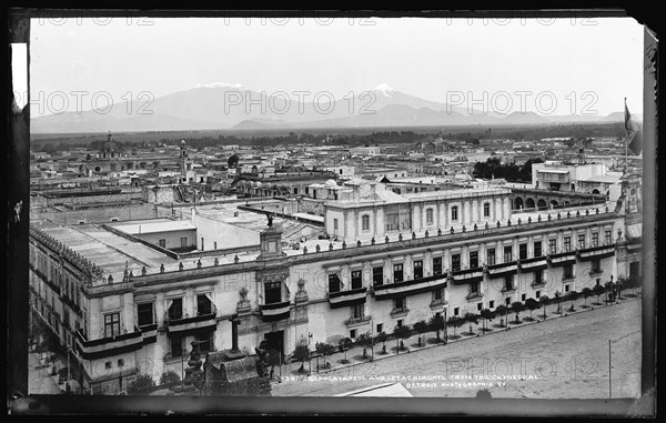 Popocatapetl [sic] and Iztachihuatl [sic] from the cathedral, between 1880 and 1897. Creator: William H. Jackson.