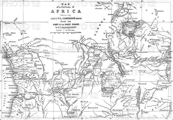 Map of a Portion of Africa, showing...Cameron's Route from the East to the West Coast...1876. Creator: Ernst Ravenstein.