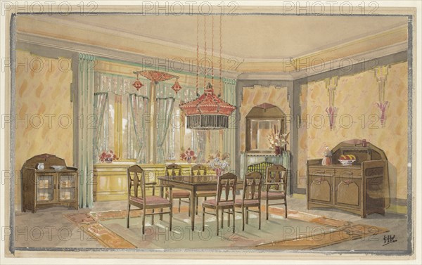 Dining room with yellow walls and red lamp, c.1925. Creator: Monogrammist HK.