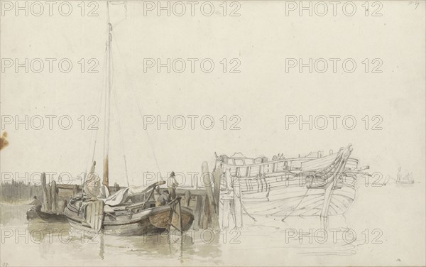 Men on a moored fishing boat at a quay, 1797-1838. Creator: Johannes Christiaan Schotel.